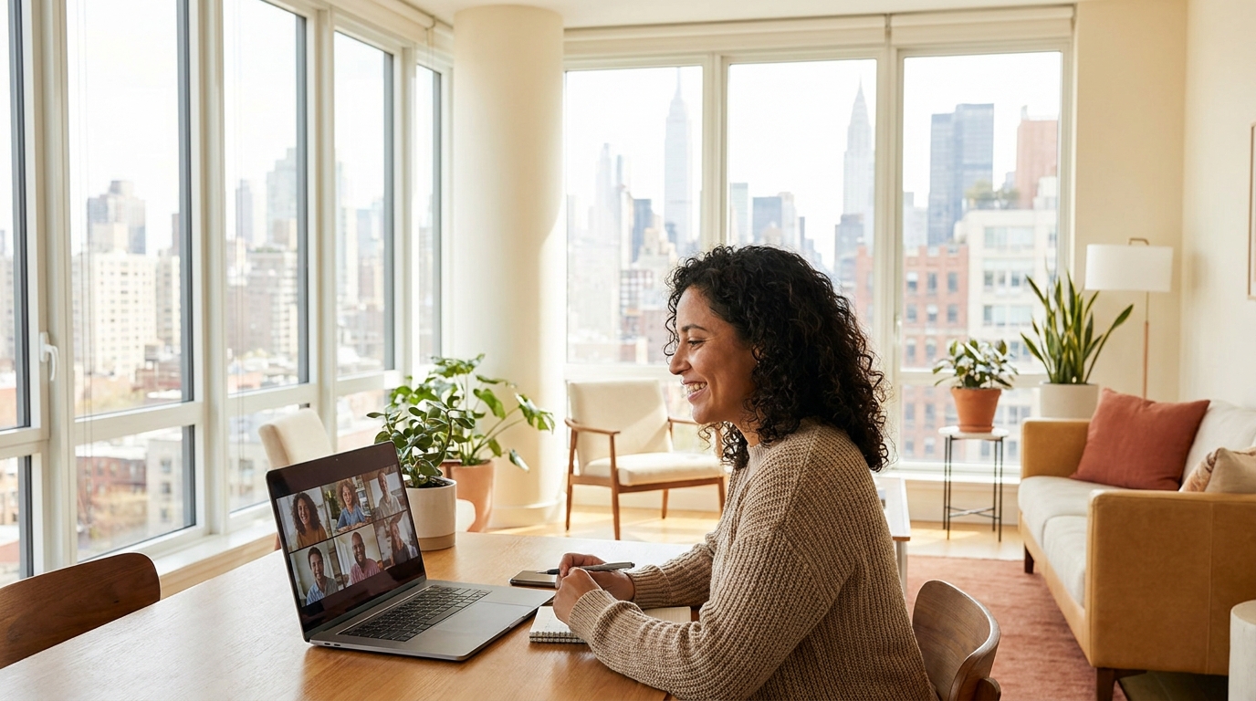 Estudiante latina en su apartamento en Nueva York