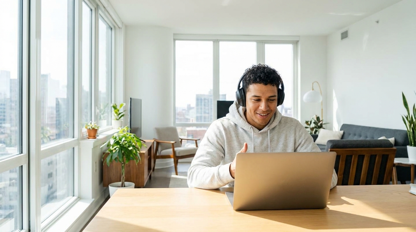 Estudiante tomando clase de inglés en vivo desde su apartamento